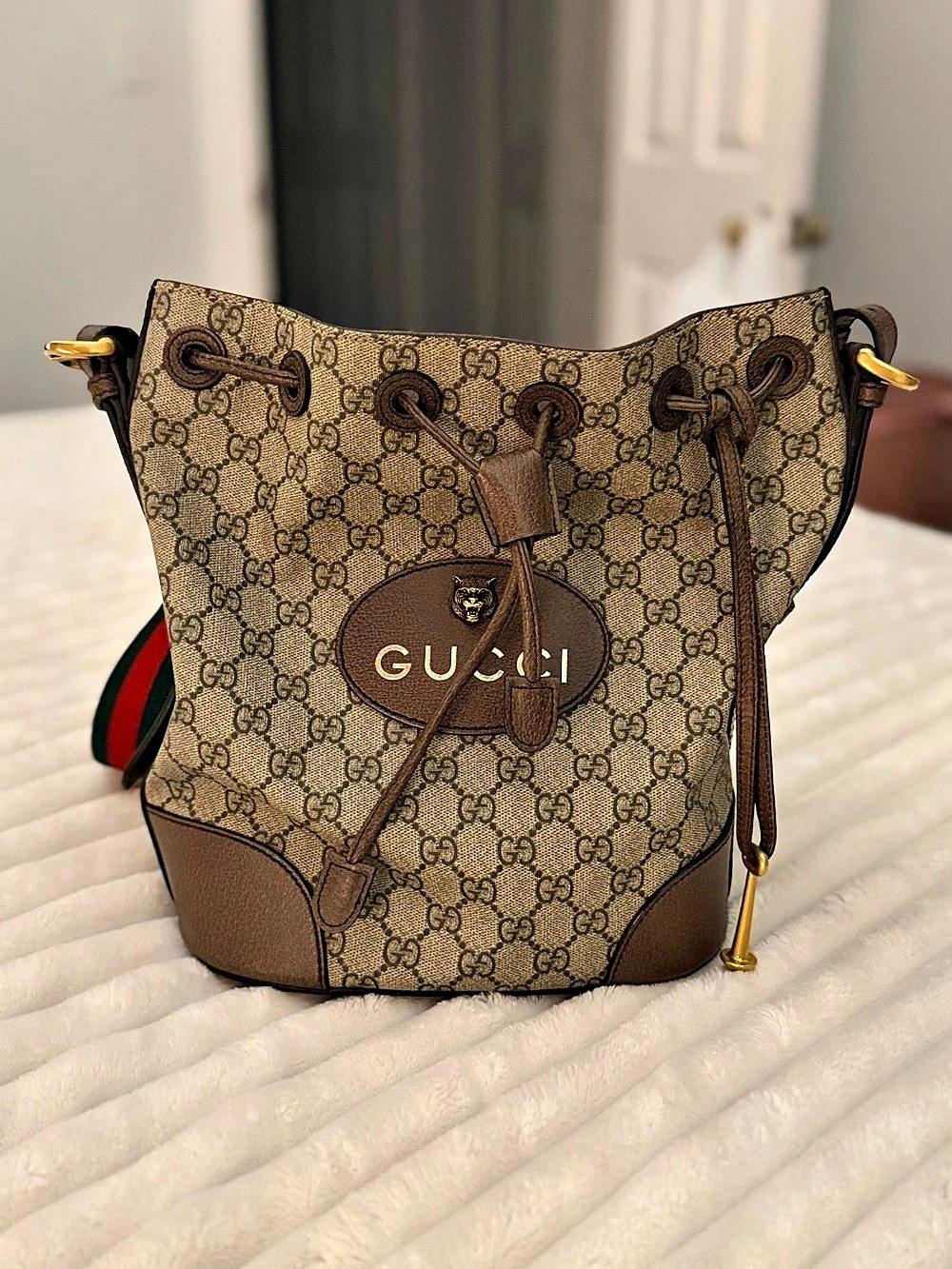 Gucci Neo Vintage GG Supreme Drawstring Bucket Backpack Brown & Green